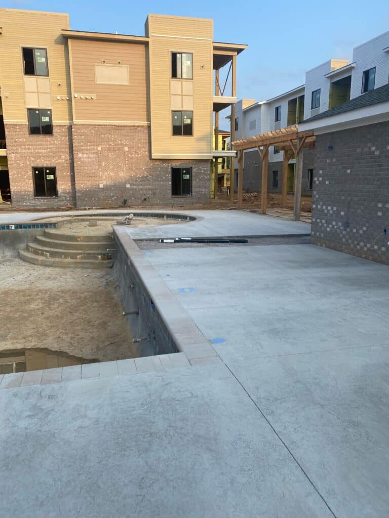 commercial decorative concrete pool deck and slate-stamped patio at hotel in Sevierville Tennessee